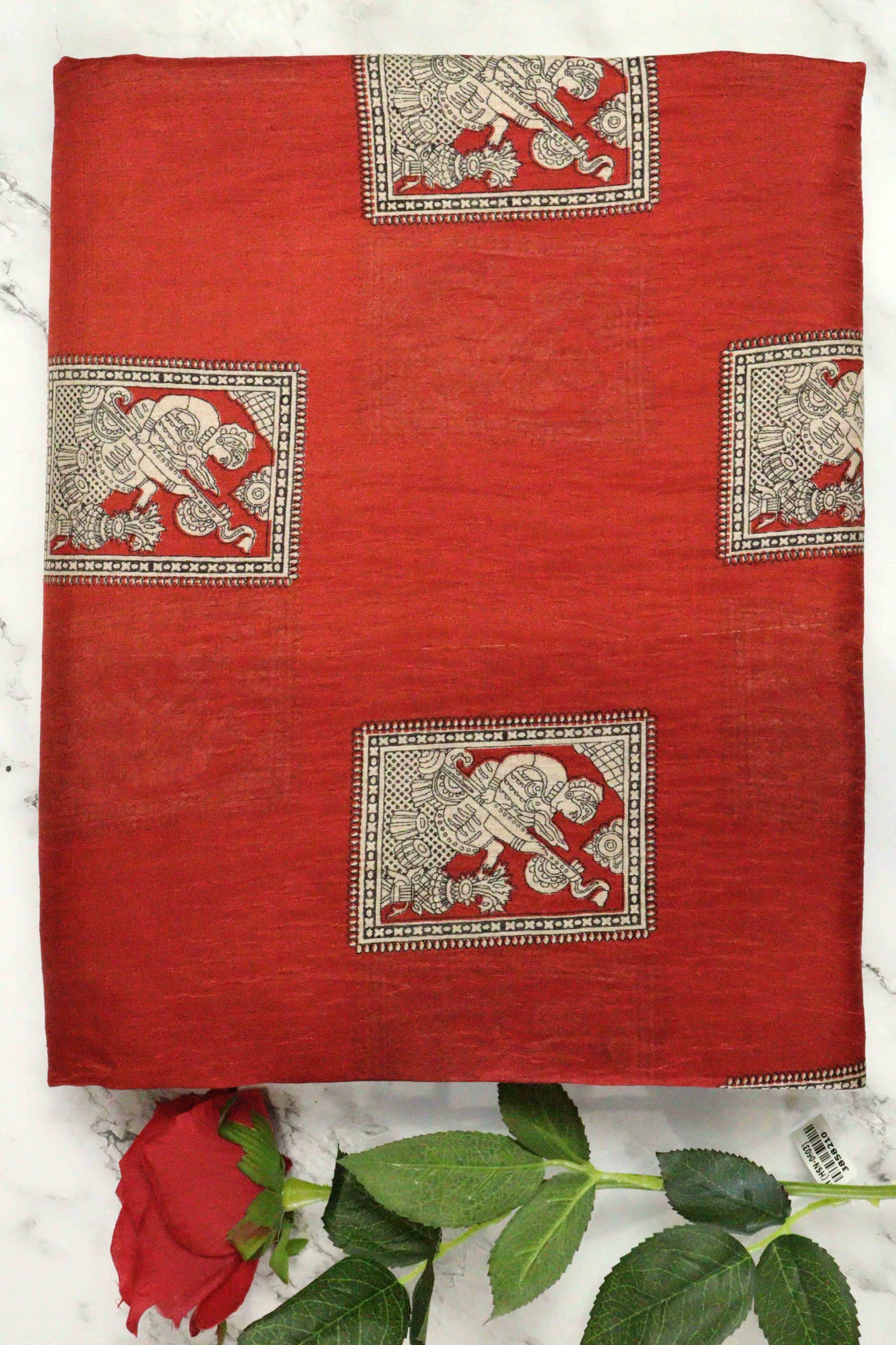DCDS40 Red Dola Silk Saree with Kalamkari Motifs & Jacquard Border | Light Crushed Texture
