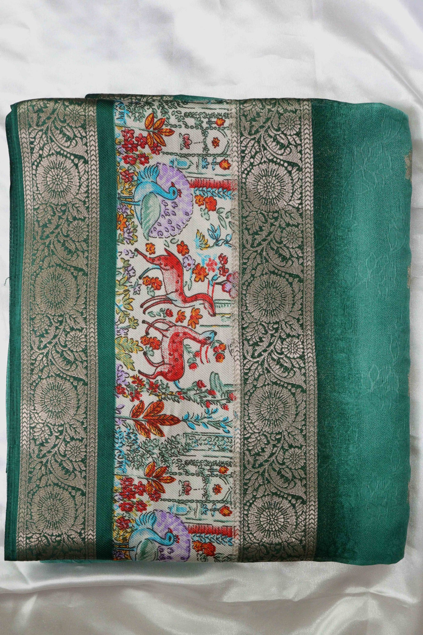 Pastel Green Designer Silk Saree – Double Border with Pichwai Print