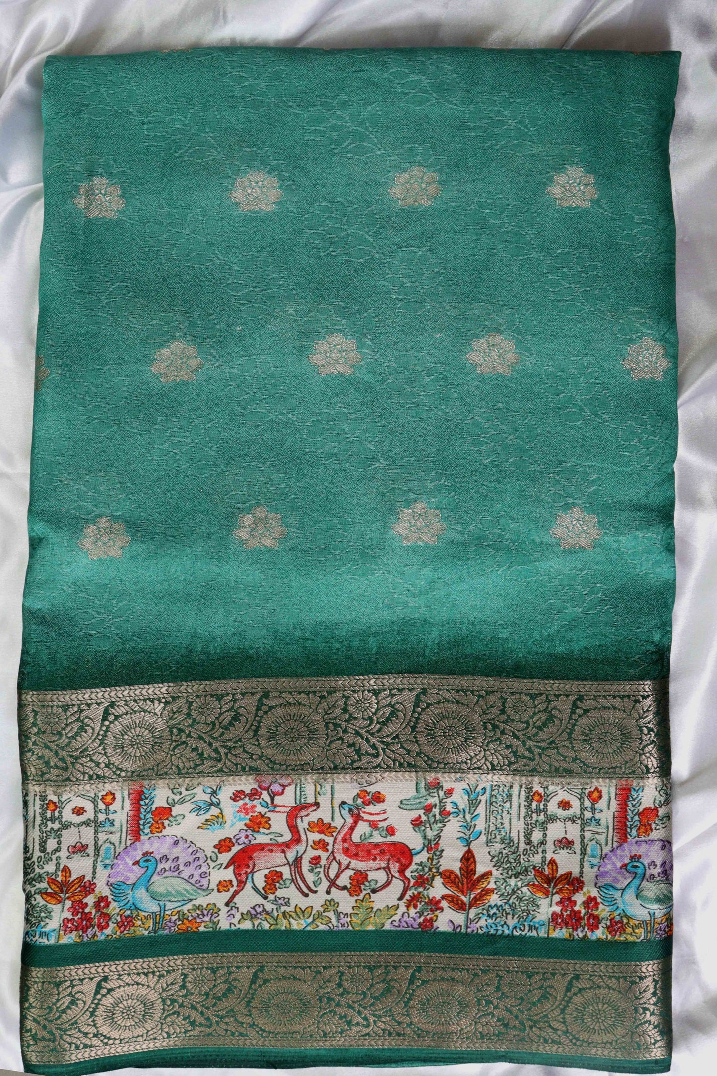 Pastel Green Designer Silk Saree – Double Border with Pichwai Print