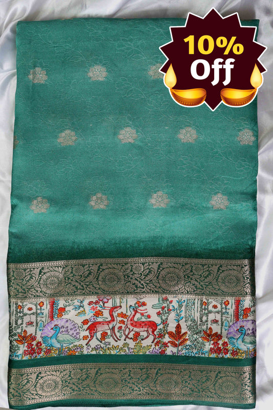 Pastel Green Designer Silk Saree – Double Border with Pichwai Print