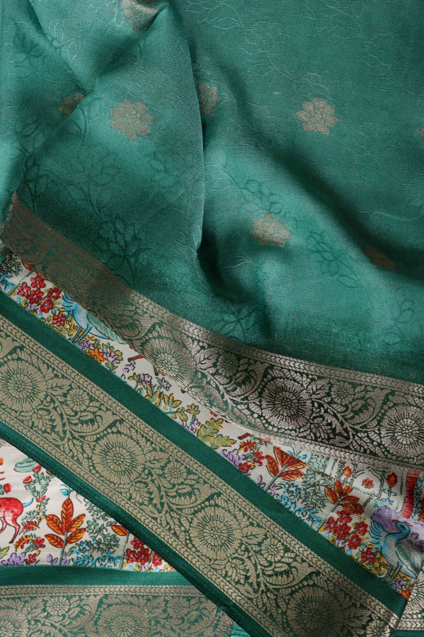 Pastel Green Designer Silk Saree – Double Border with Pichwai Print