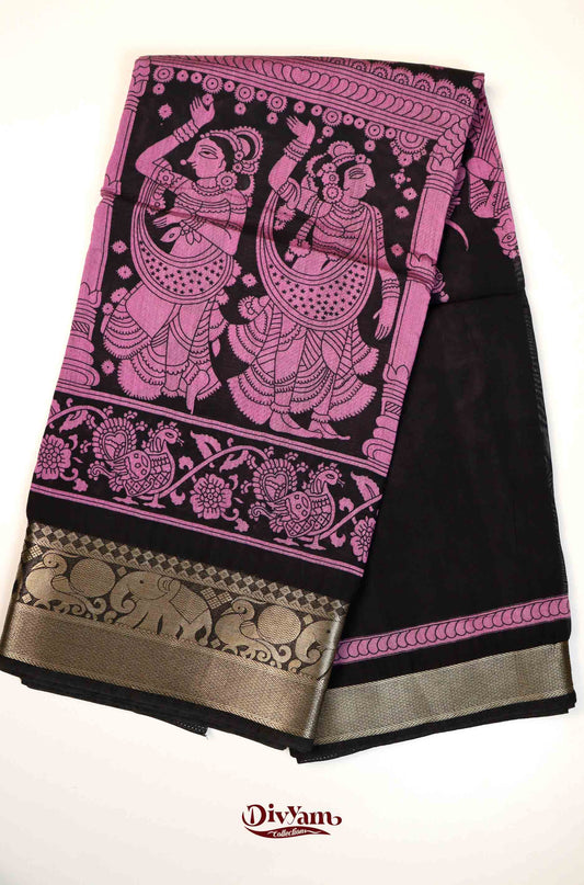 DC139 | Mangalagiri Silk Cotton Saree with Kalamkari Print & Nizam Border | Running Blouse | 4 Colour Catalogue