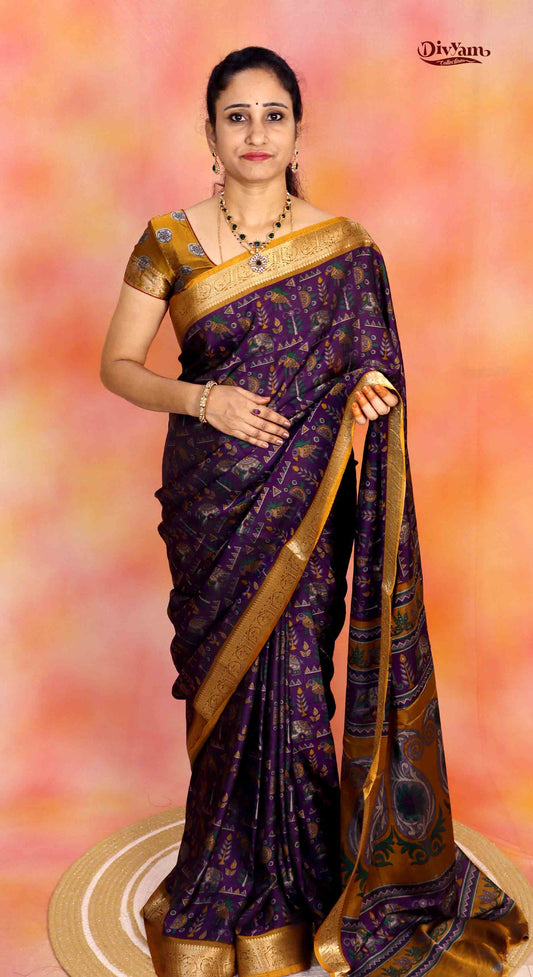 DC277 | Maheshwari Silk Saree with Kalamkari Animal Print & Rich Jari Border