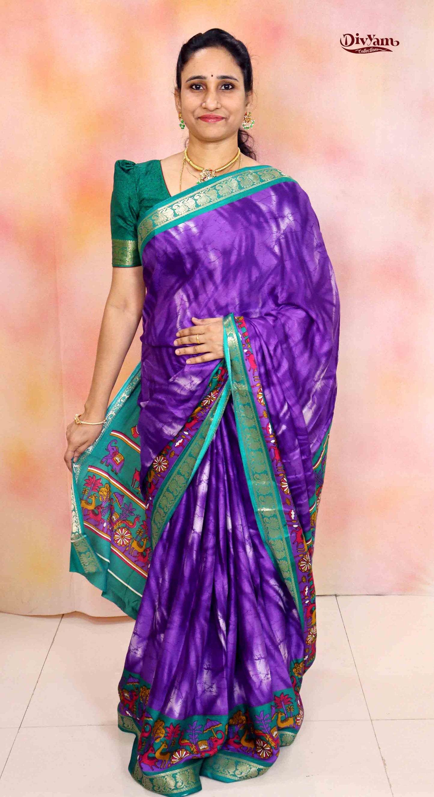 DC195 | Maheshwari Silk Shibori Print Saree with Pichwai Border & Narayanpet Jari Border