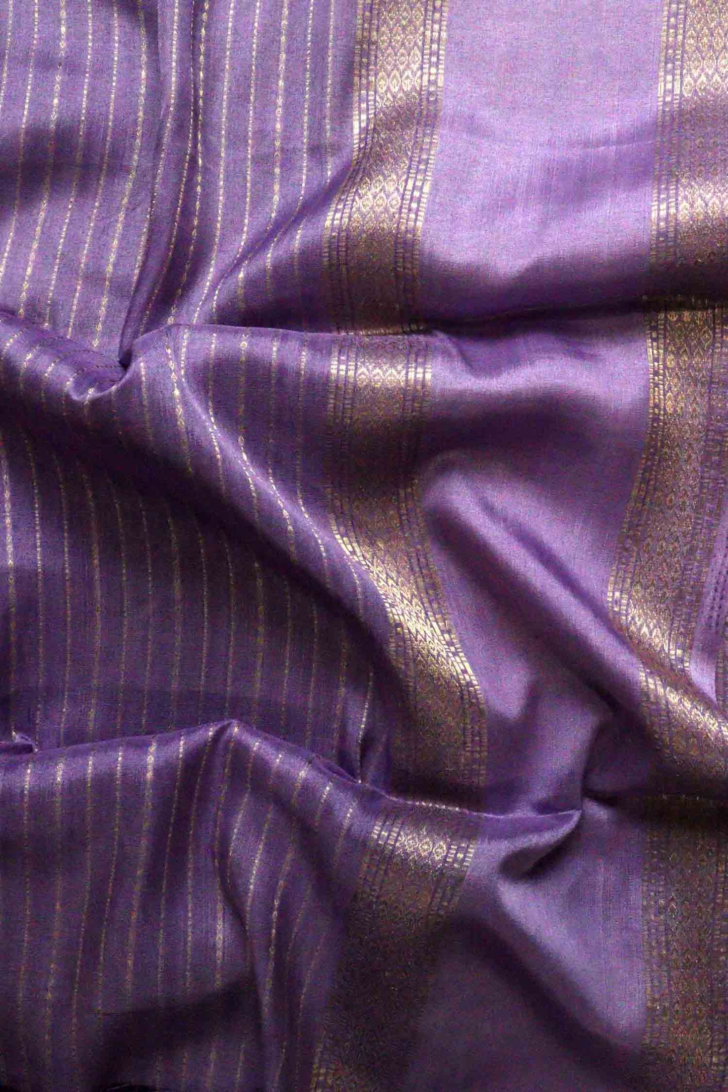 DCMS42 | Purple Mysore Crepe Silk Saree with Light Pastel Purple & Golden Zari Gap Border