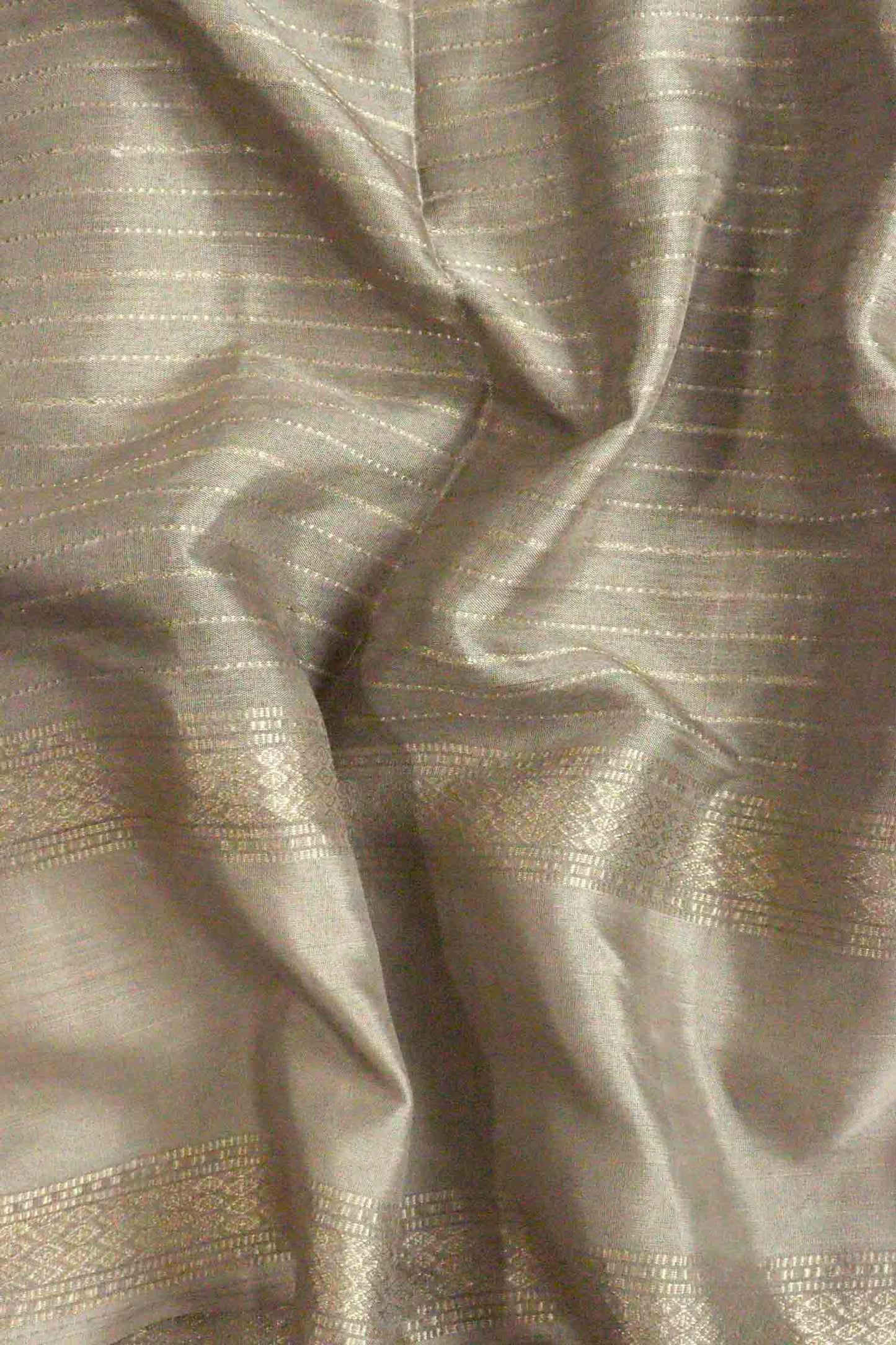 DCMS41 | Chocolate Mysore Crepe Silk Saree with Light Greyish-Orange & Golden Zari Gap Border