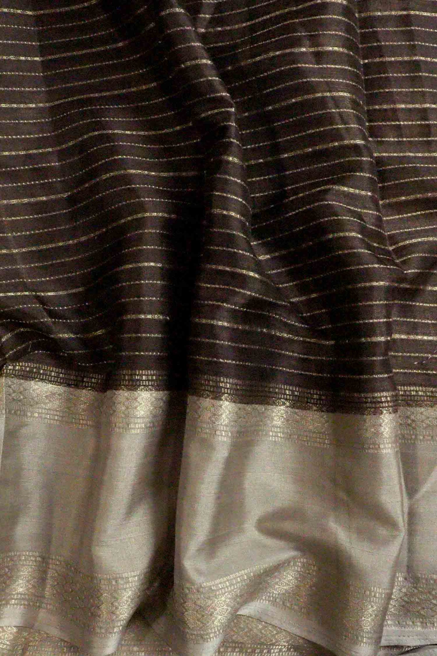 DCMS41 | Chocolate Mysore Crepe Silk Saree with Light Greyish-Orange & Golden Zari Gap Border