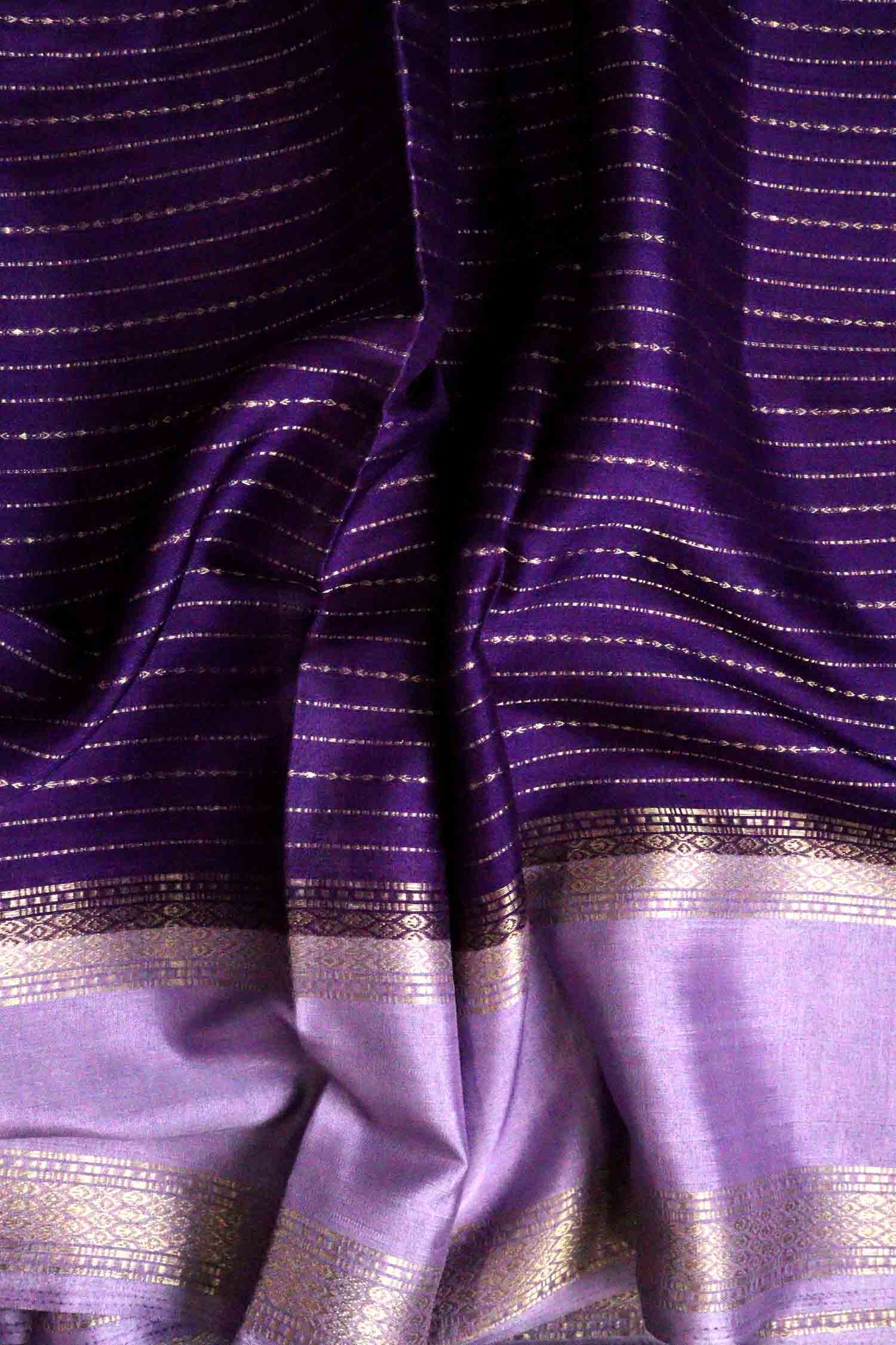 DCMS42 | Purple Mysore Crepe Silk Saree with Light Pastel Purple & Golden Zari Gap Border