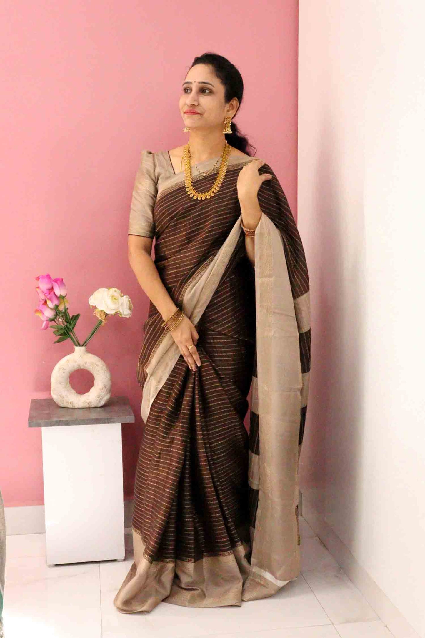 DCMS41 | Chocolate Mysore Crepe Silk Saree with Light Greyish-Orange & Golden Zari Gap Border