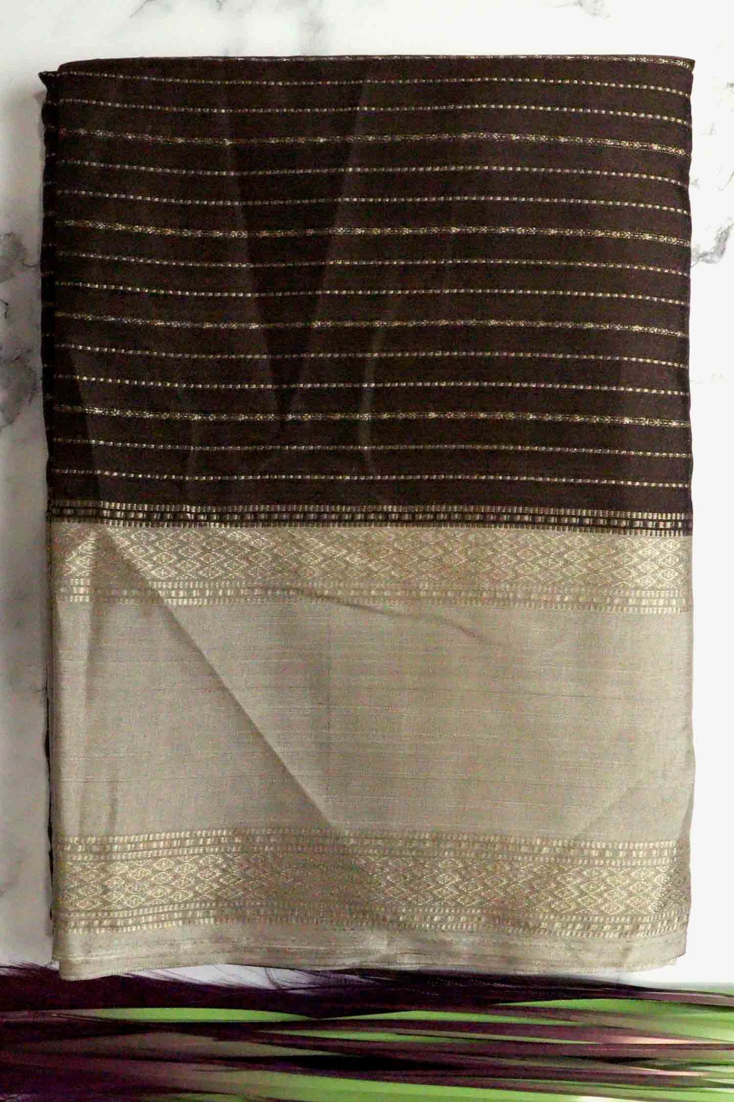DCMS41 | Chocolate Mysore Crepe Silk Saree with Light Greyish-Orange & Golden Zari Gap Border