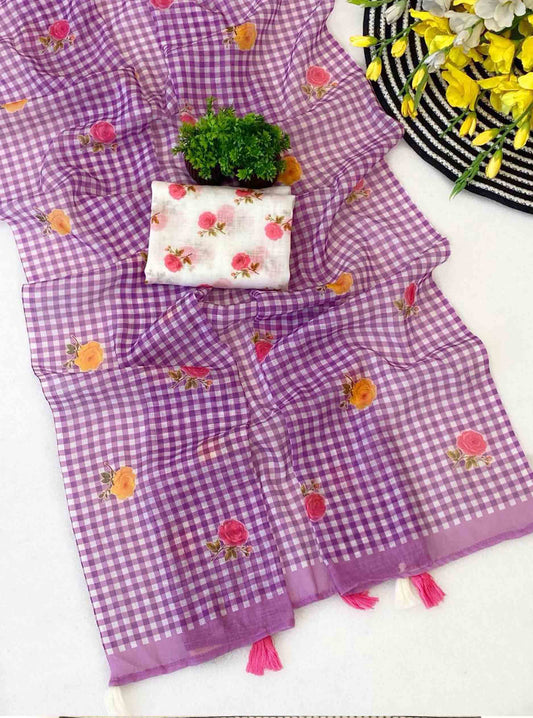 DC178 | Jute Linen Checks Saree with Floral Motifs & Printed White Blouse | Trending Collection