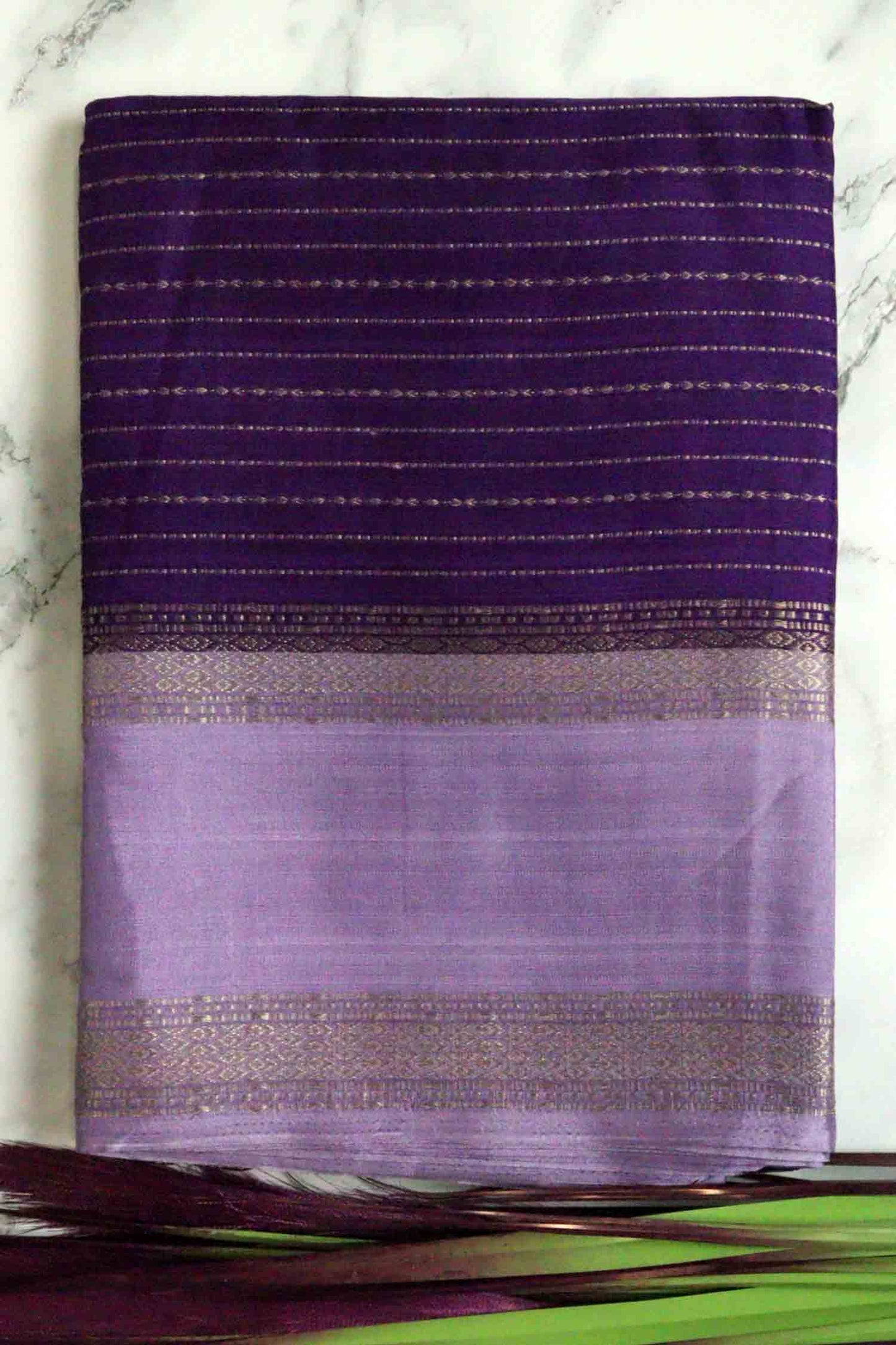 DCMS42 | Purple Mysore Crepe Silk Saree with Light Pastel Purple & Golden Zari Gap Border