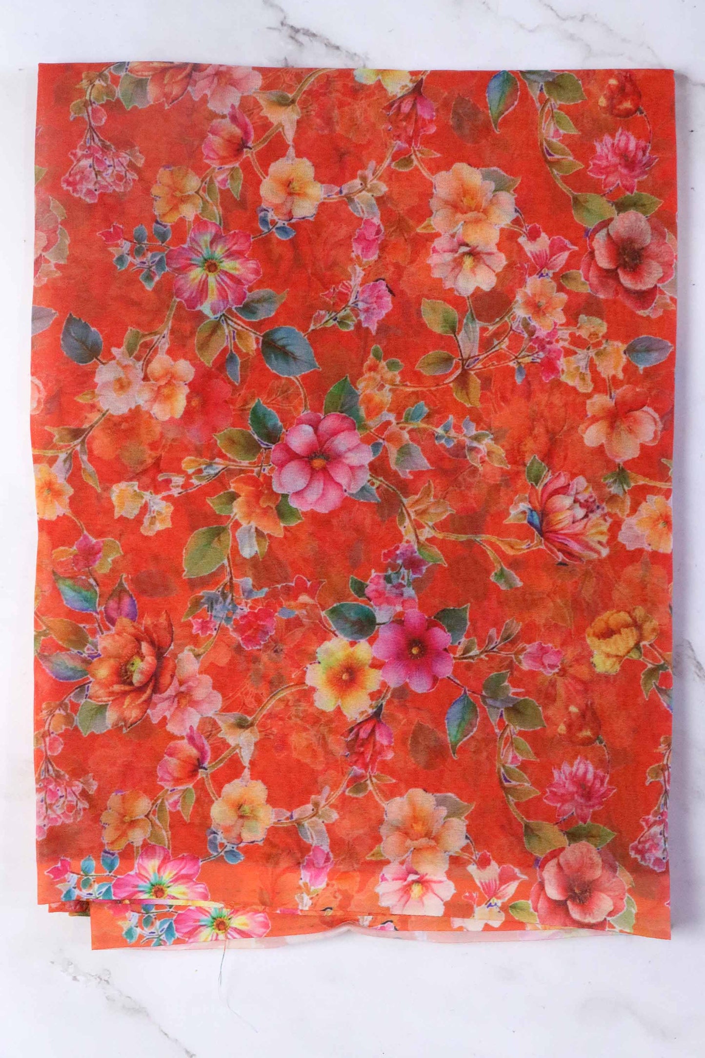 DCGE74 Rainbow Striped Georgette Saree with Floral Fancy Silk Design & Orange Hues