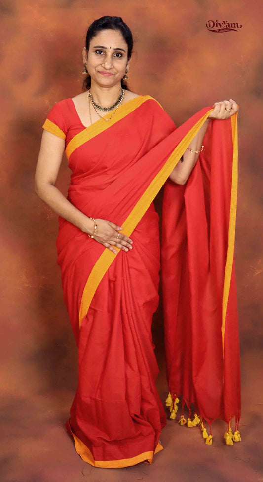 DC162 | Pure Khadi Cotton Saree with Contrast Border & Fluffy Tassels | Elegant Plain Saree Collection
