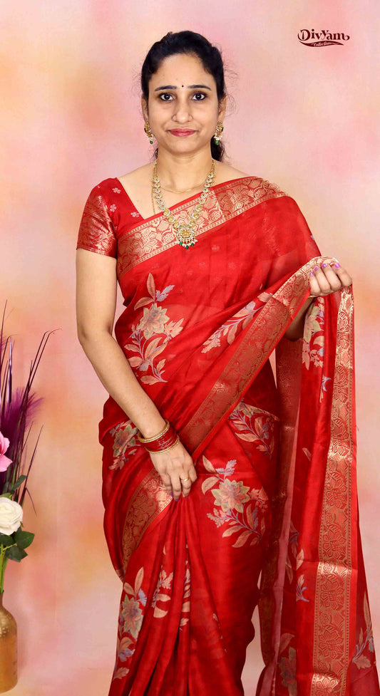 DC236 | Fancy Georgette Saree with Self Floral Weaving & Premium Zari Border