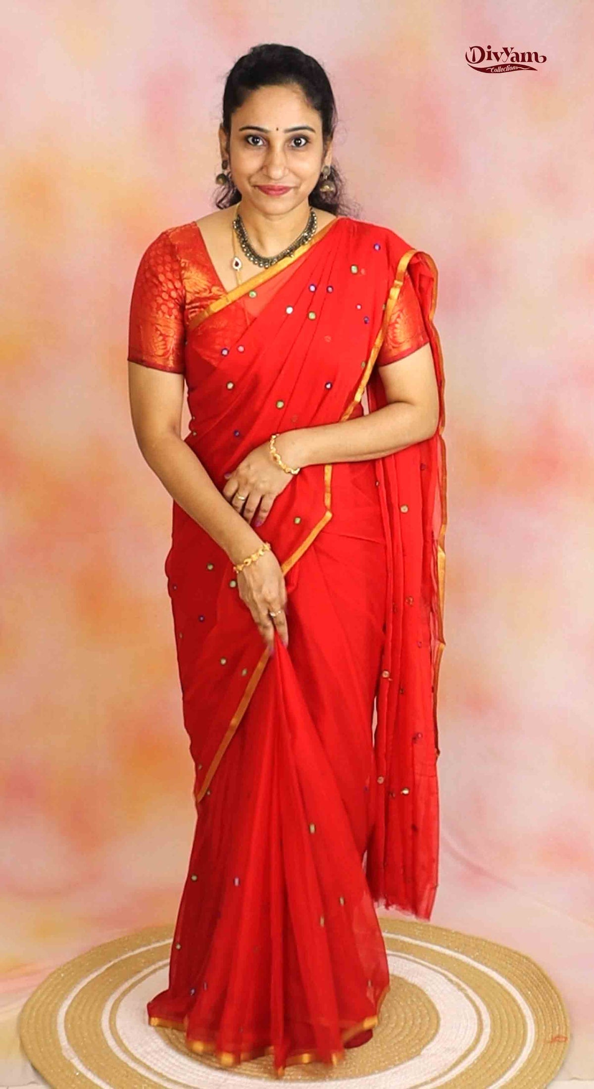 DC304 | Budget Plain Saree with Mirror Work, Piping & Golden Zari Border, ( No Blouse )