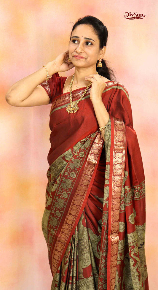 DC198 | Maheshwari Silk Pen Kalamkari Saree with Narayanpet Border