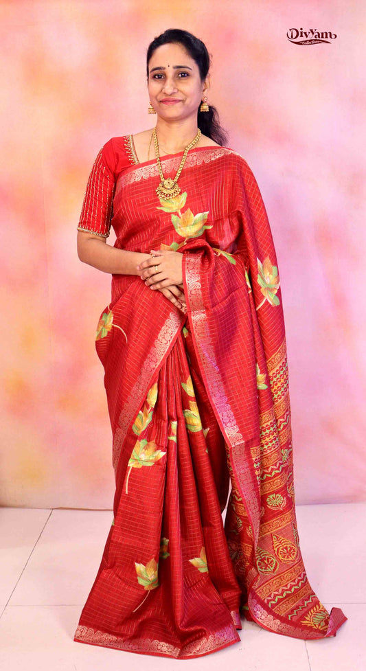 DC183 | Mangalagiri-Inspired Style | Dola Silk Jari Checks Saree with Floral Print & Running Blouse