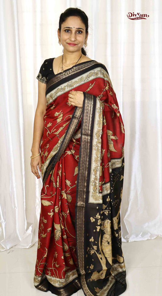 DC221 | Premium Maheshwari Silk Saree with New Kalamkari Design & Narayanpet Border