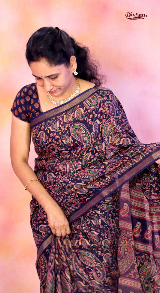 DC184 | Budget Cotton Blend Tassel Silk Saree with Kashmiri Style Print & Plain Blouse | ₹687 Collection