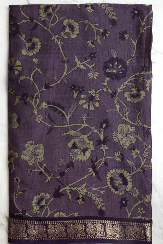 DCMS39 Royal Purple Maheshwari Silk Sarees with Narayanapattu Border & Kalamkari Print