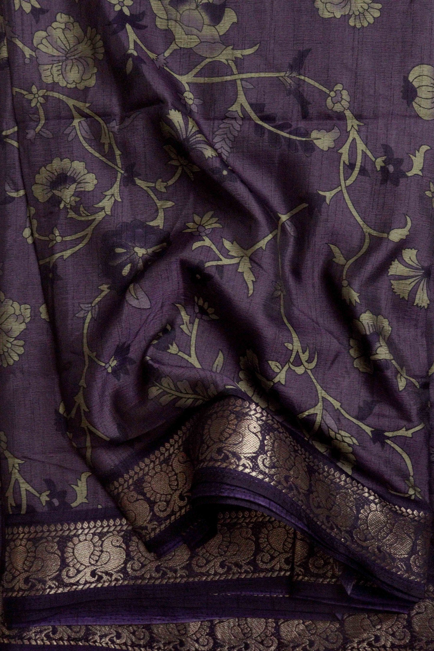 DCMS39 Royal Purple Maheshwari Silk Sarees with Narayanapattu Border & Kalamkari Print