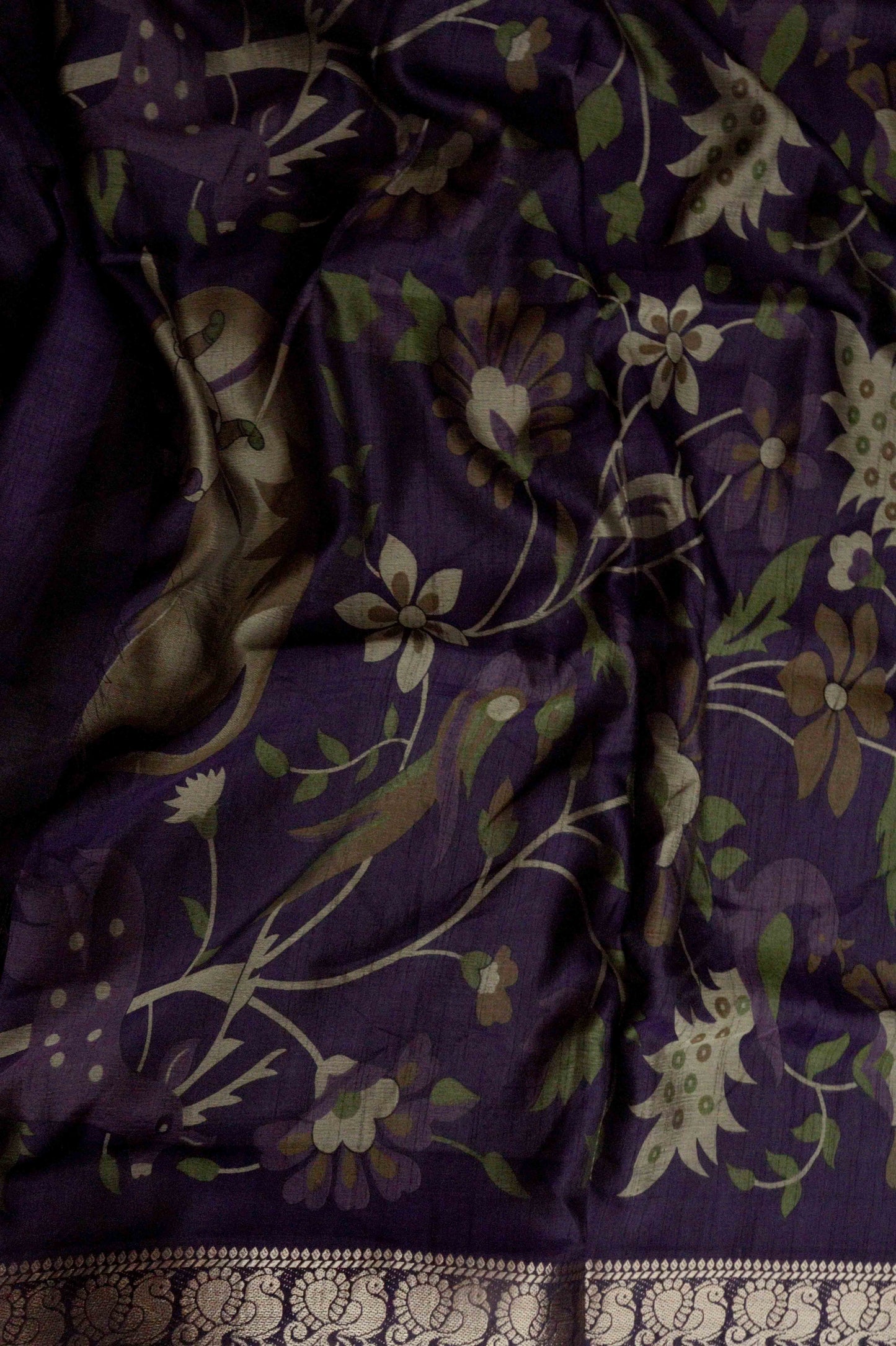 DCMS39 Royal Purple Maheshwari Silk Sarees with Narayanapattu Border & Kalamkari Print