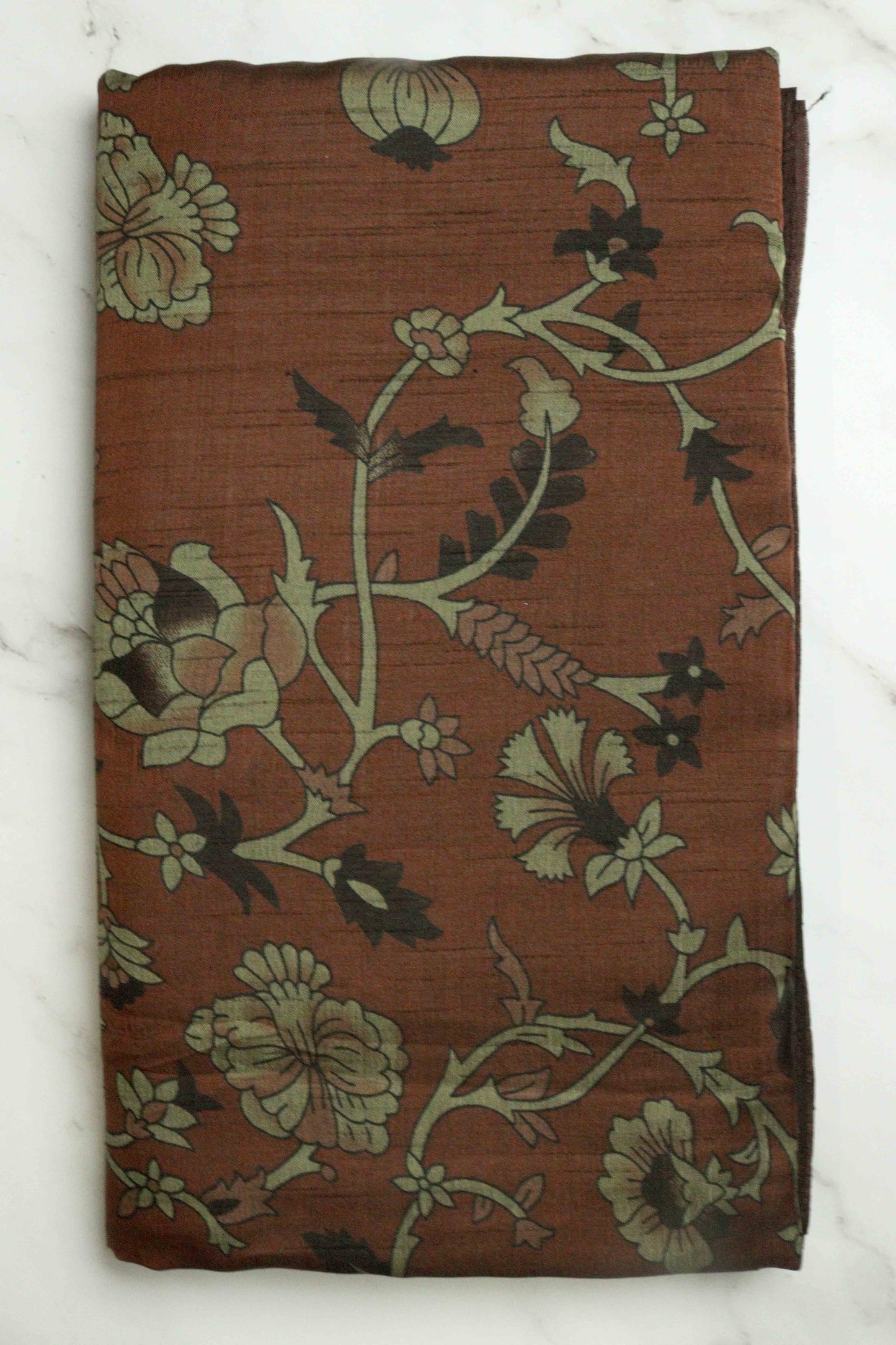 DCMS39 Rust Brown Maheshwari Silk Sarees with Narayanapattu Border & Kalamkari Print