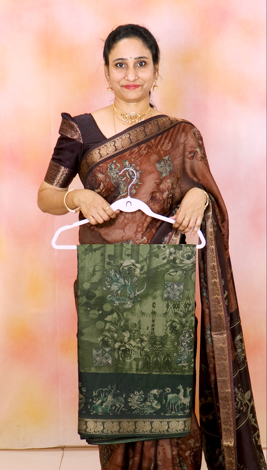 DC156 | Maheshwari Silk Saree – Kalamkari Digital Art with Narayanapet Zari Border | Elegant Everyday Luxury