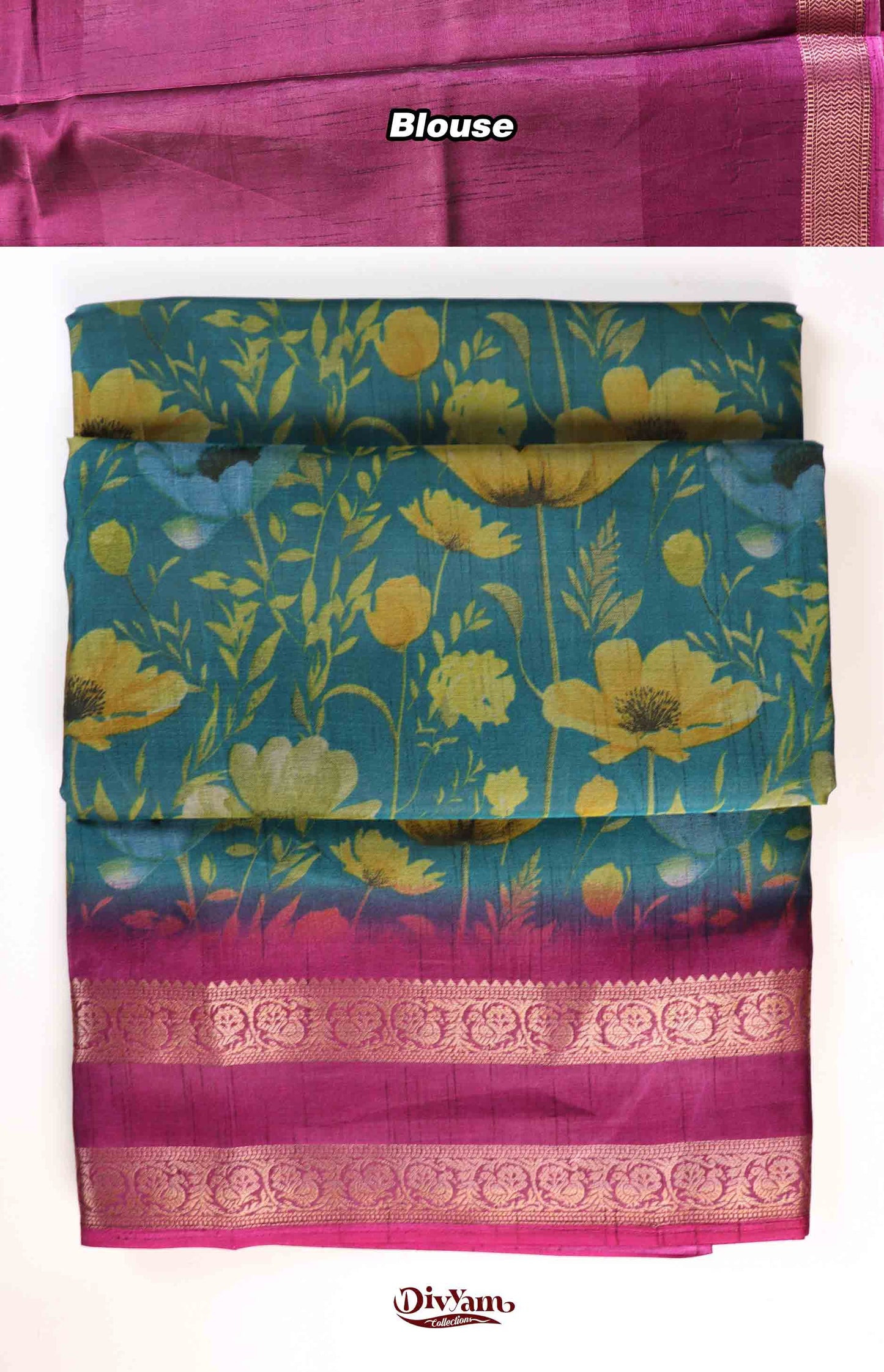 DC215 | Fancy Soft Silk Saree with Floral Print & Gap Border