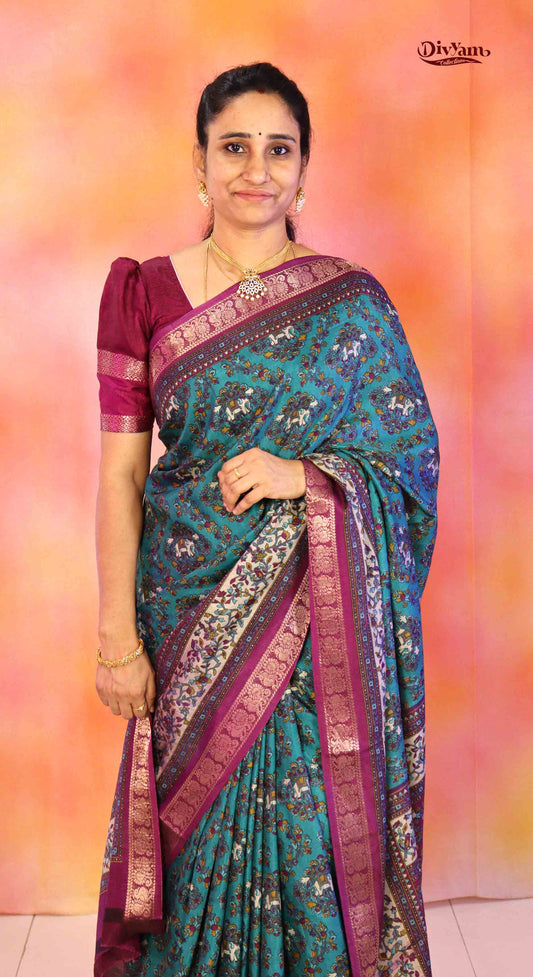 DC182 | Designer Maheshwari Silk Saree with Elephant Motifs & Kalamkari Border | New Color Combos