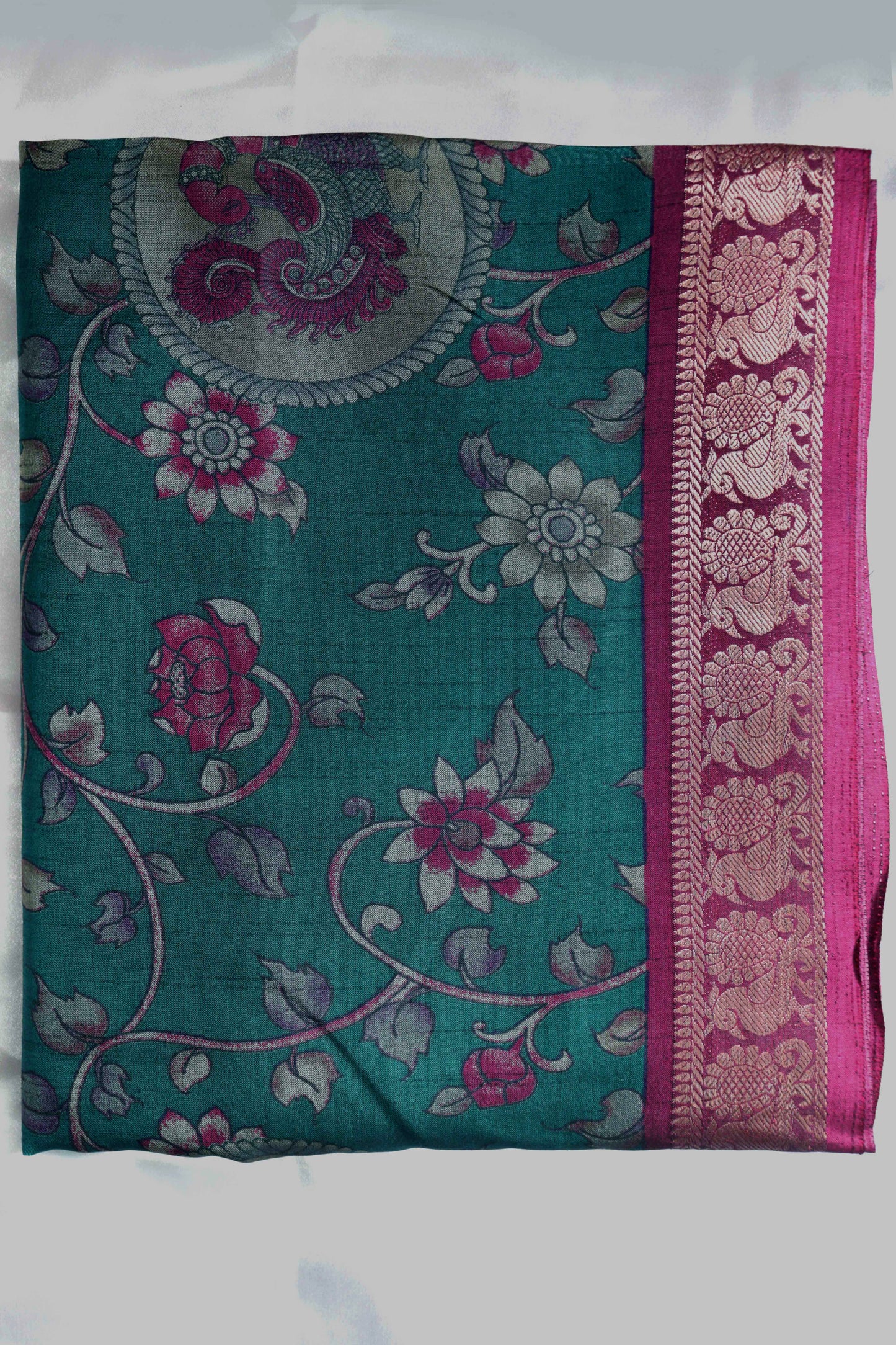 II Maheshwari Silk Saree with Narayana Pattu Border – Sea Green with Magenta Border
