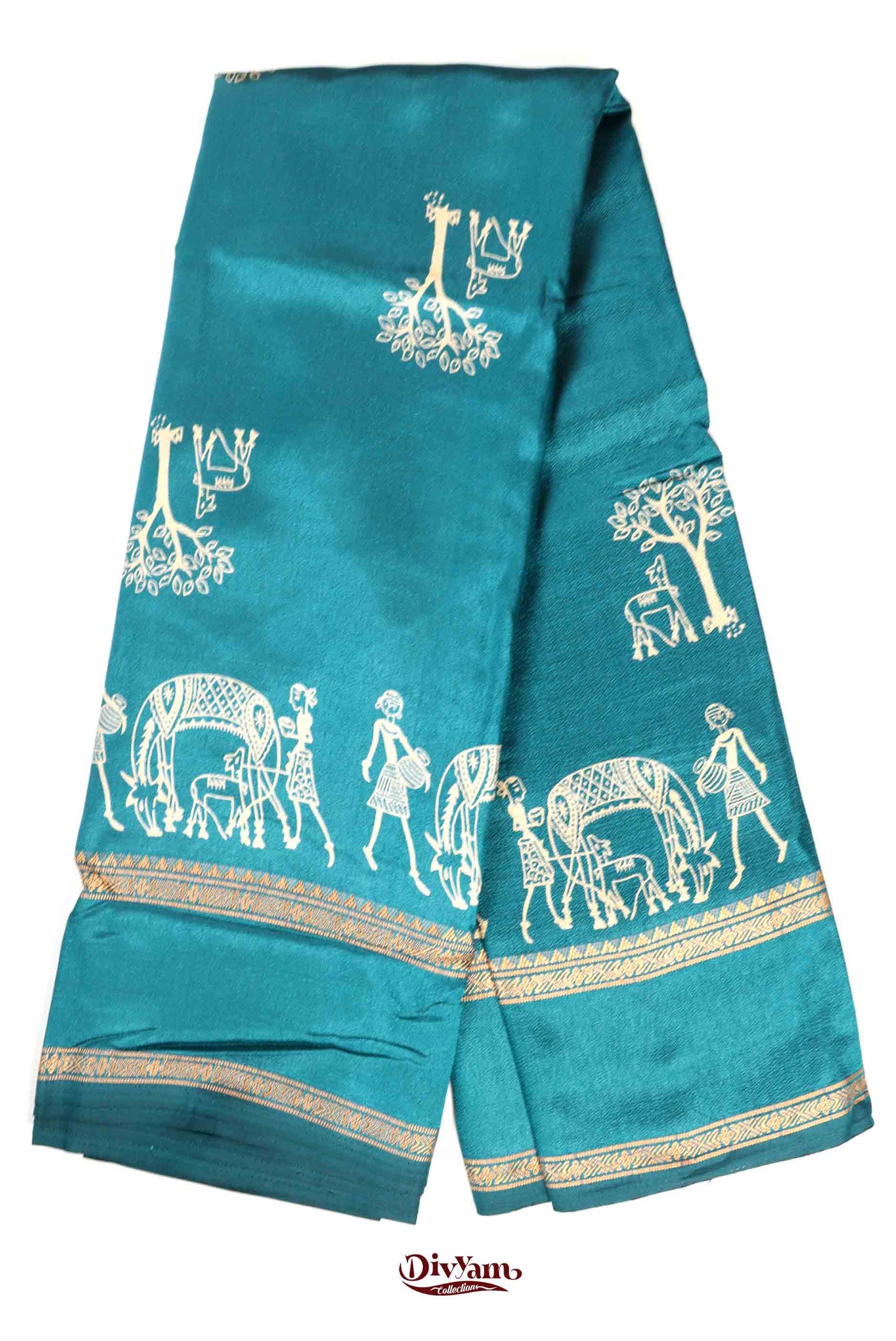 DC232 | Fancy Soft Silk Saree with Warli Adivasi Design & Zari Gap Border