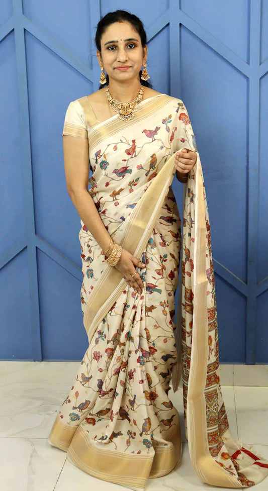 DC136 | Fancy Georgette Silk Saree with Birds Kalamkari Design & Big Jari Border | Pastel Colours | Running Blouse