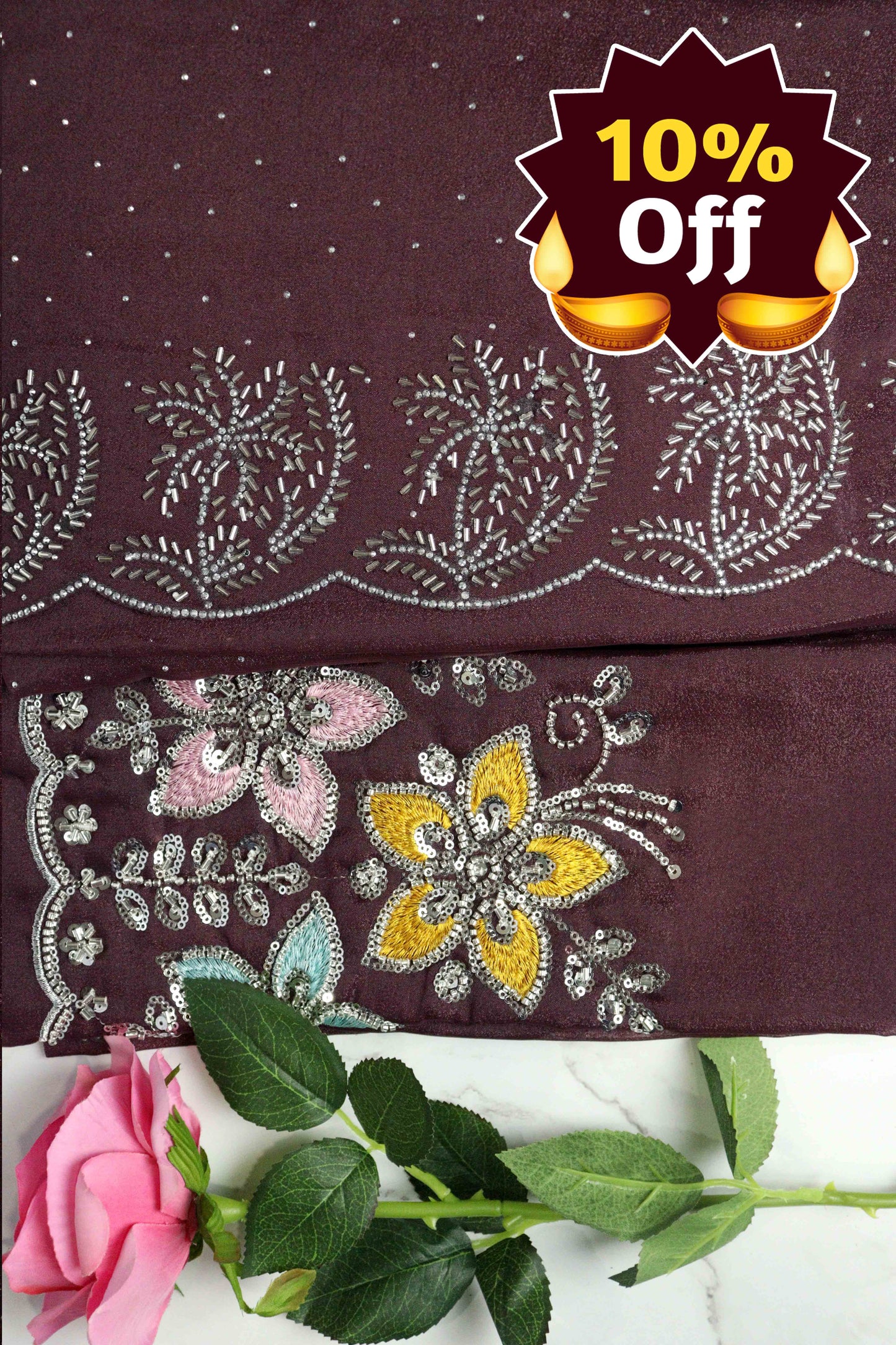 DCSS37 | Wine Stone Work Silk Saree with Swarovski & Aari Blouse