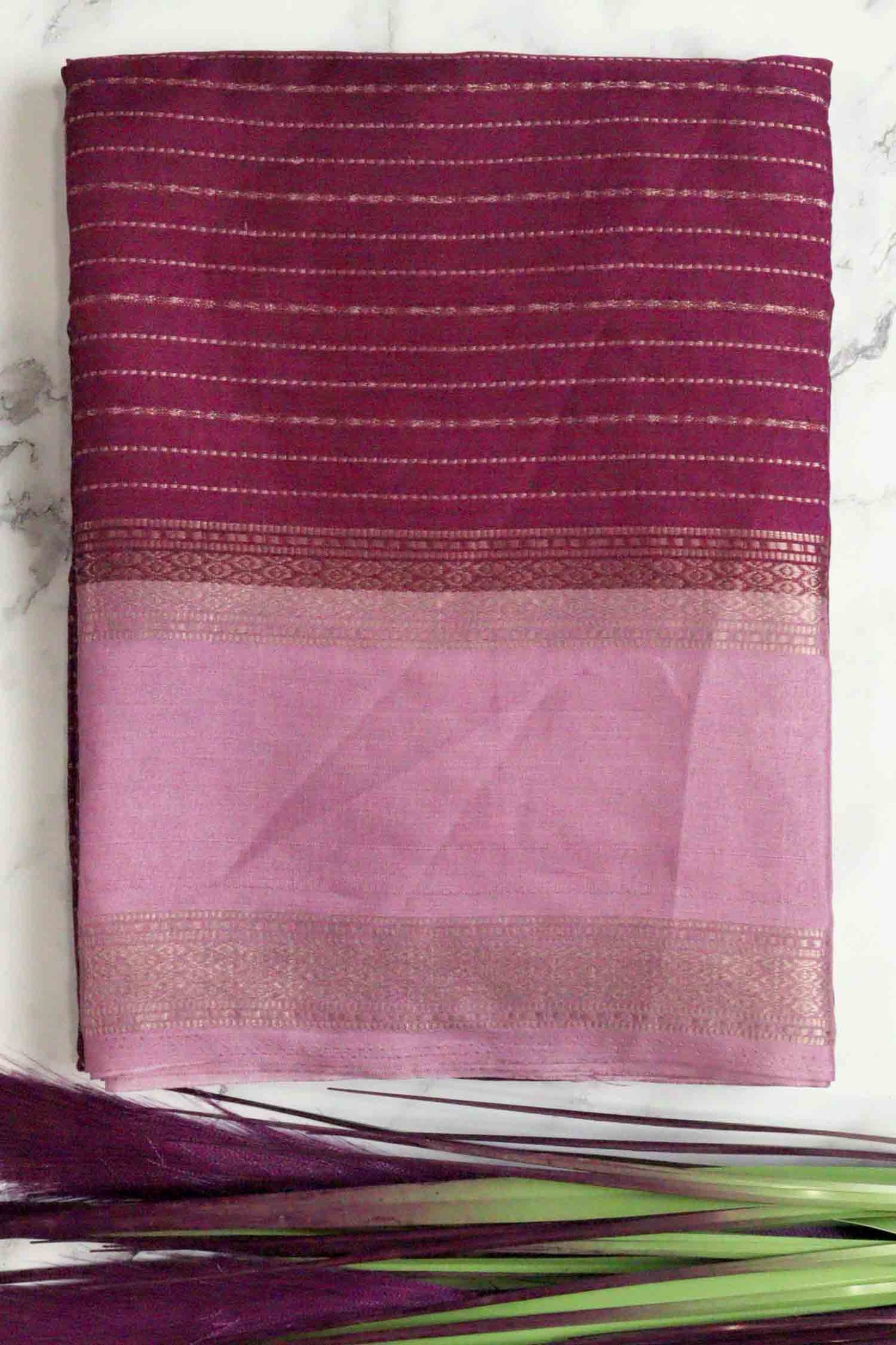 DCMS43 | Wine Pink Mysore Crepe Silk Saree with Light Pink & Golden Zari Gap Border