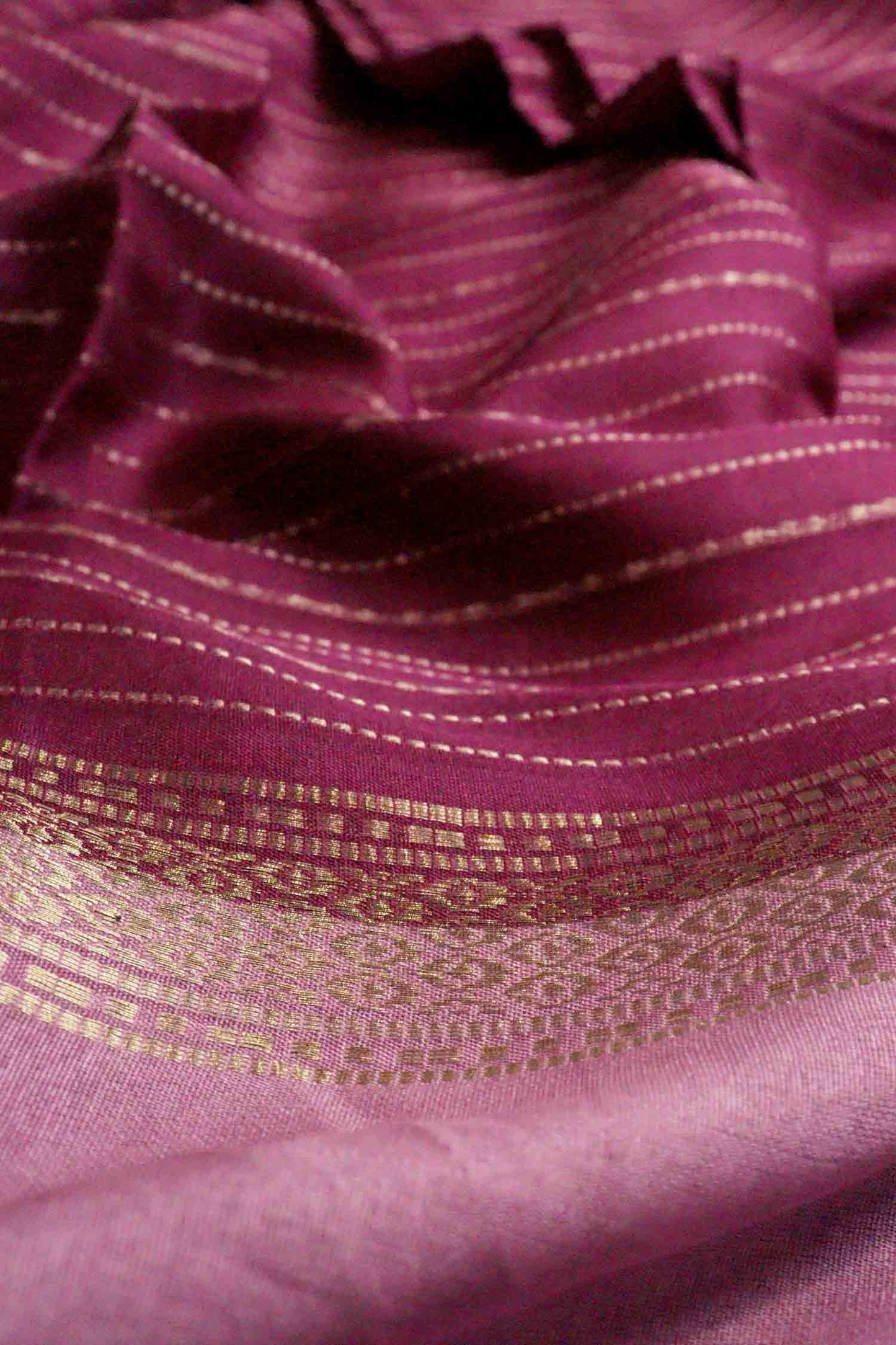DCMS43 | Wine Pink Mysore Crepe Silk Saree with Light Pink & Golden Zari Gap Border