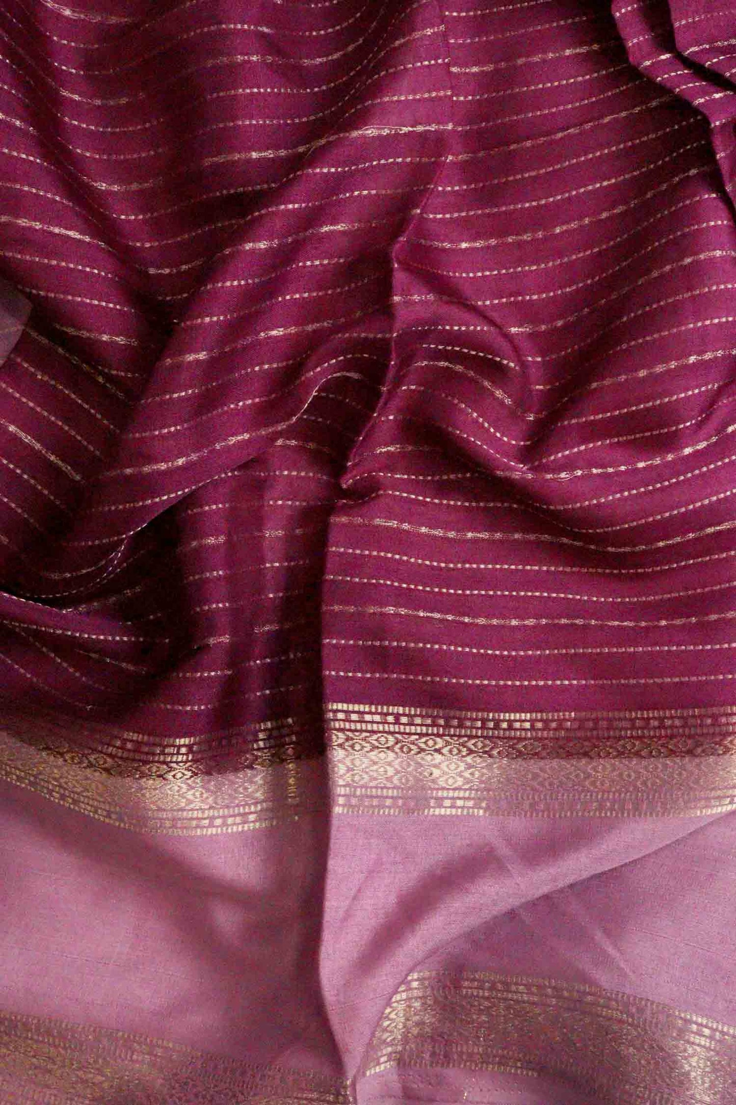 DCMS43 | Wine Pink Mysore Crepe Silk Saree with Light Pink & Golden Zari Gap Border