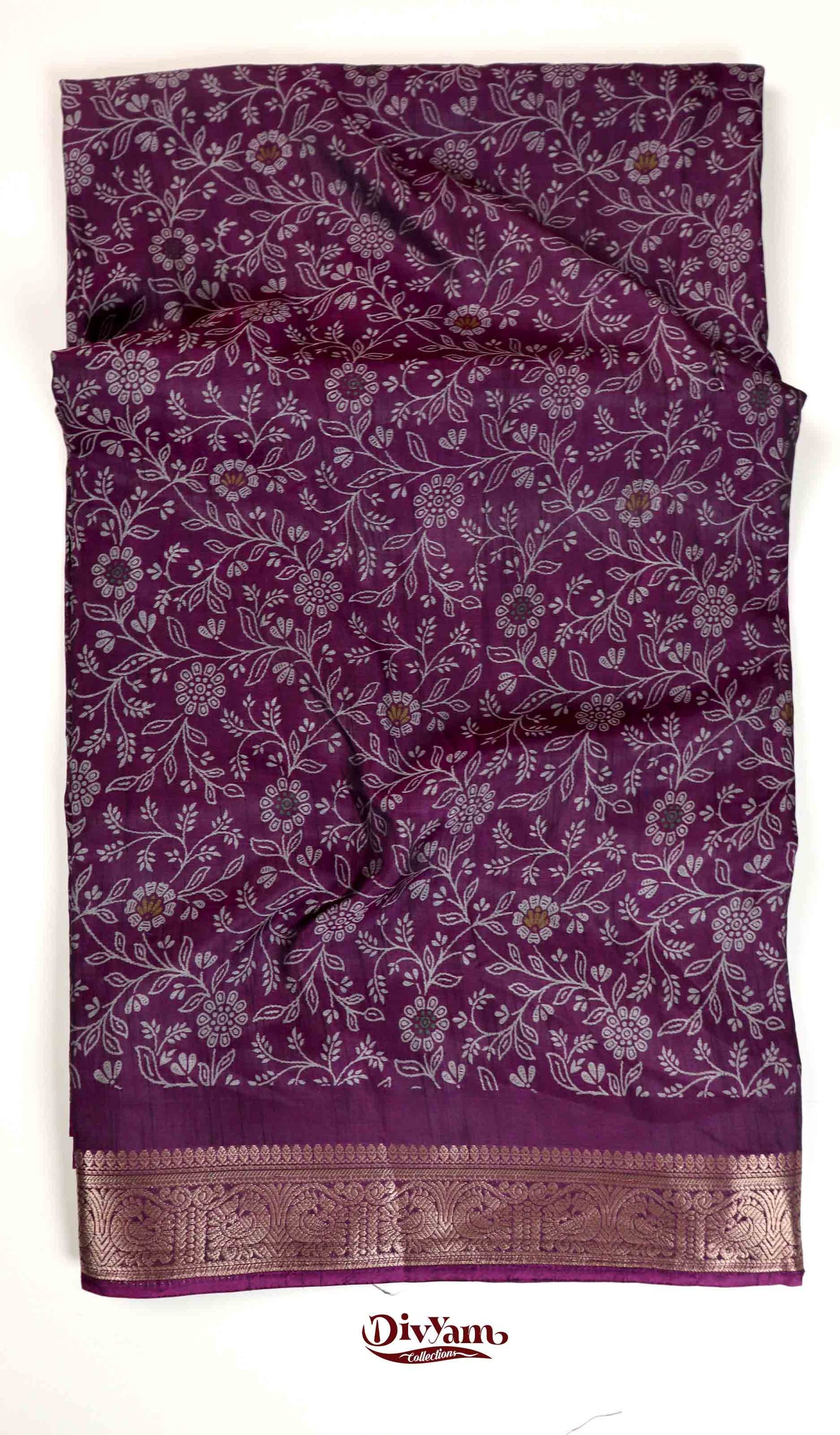 DC142 | Maheshwari Silk Saree with Kalamkari Floral Motifs & Golden Jari Narayanpet Border – Running Blouse – 8 Colours