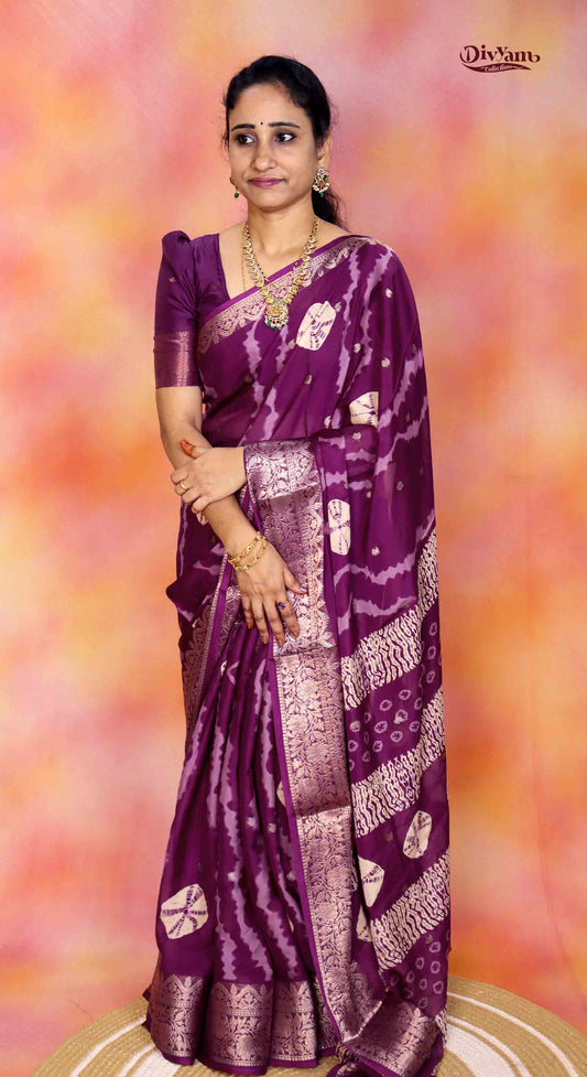 DC275 | Soft Chinon Crepe Silk Saree with Bandhini Shibori Design & Gold Zari Border