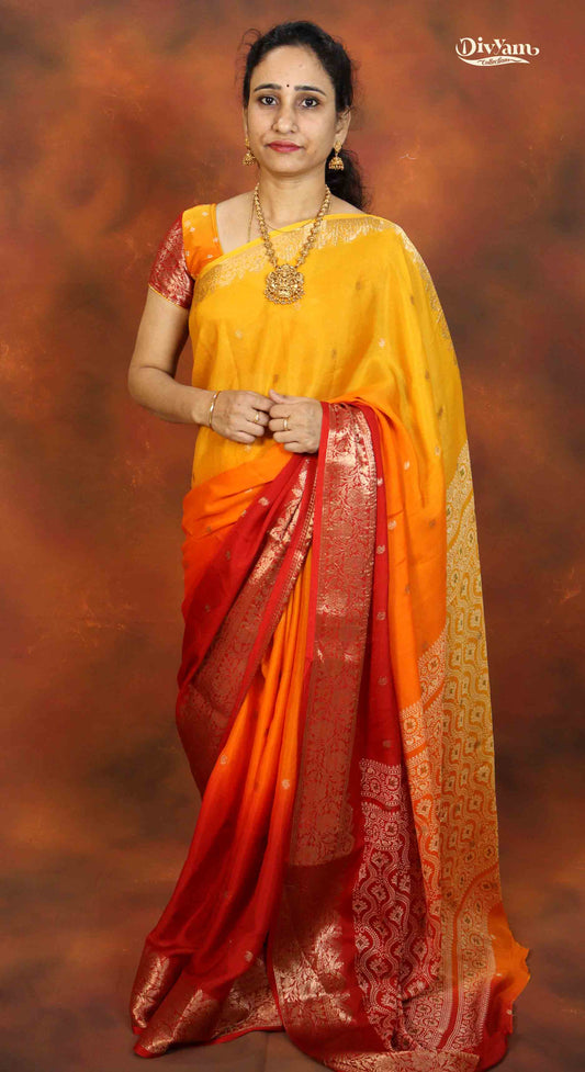 DC140 | Soft Chinon Crepe Silk Saree with 3-Shade Design & Gold Zari Border | Running Blouse | 6 Colours