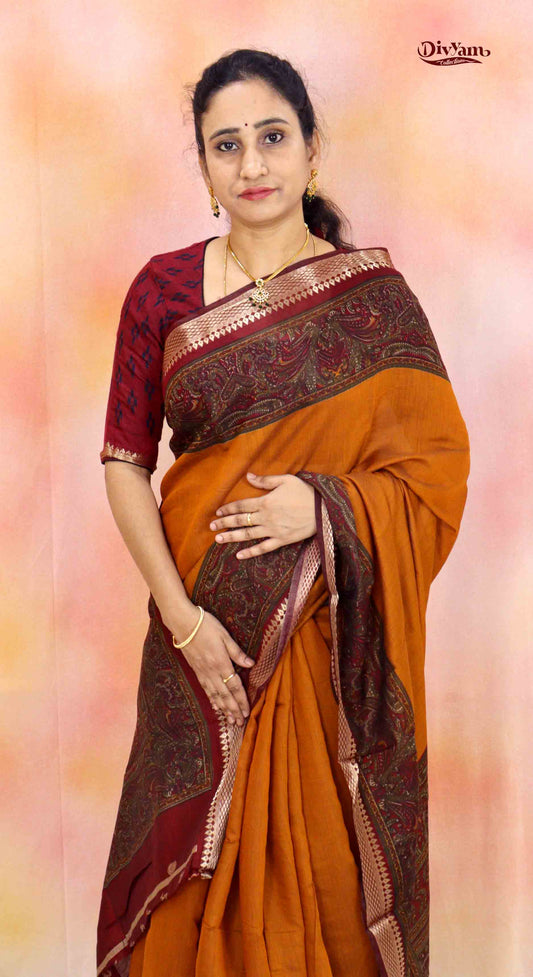 DC152 | Pure Maheshwari Saree with Narayanapet Border & Kalamkari Border | Traditional Cotton Silk Saree