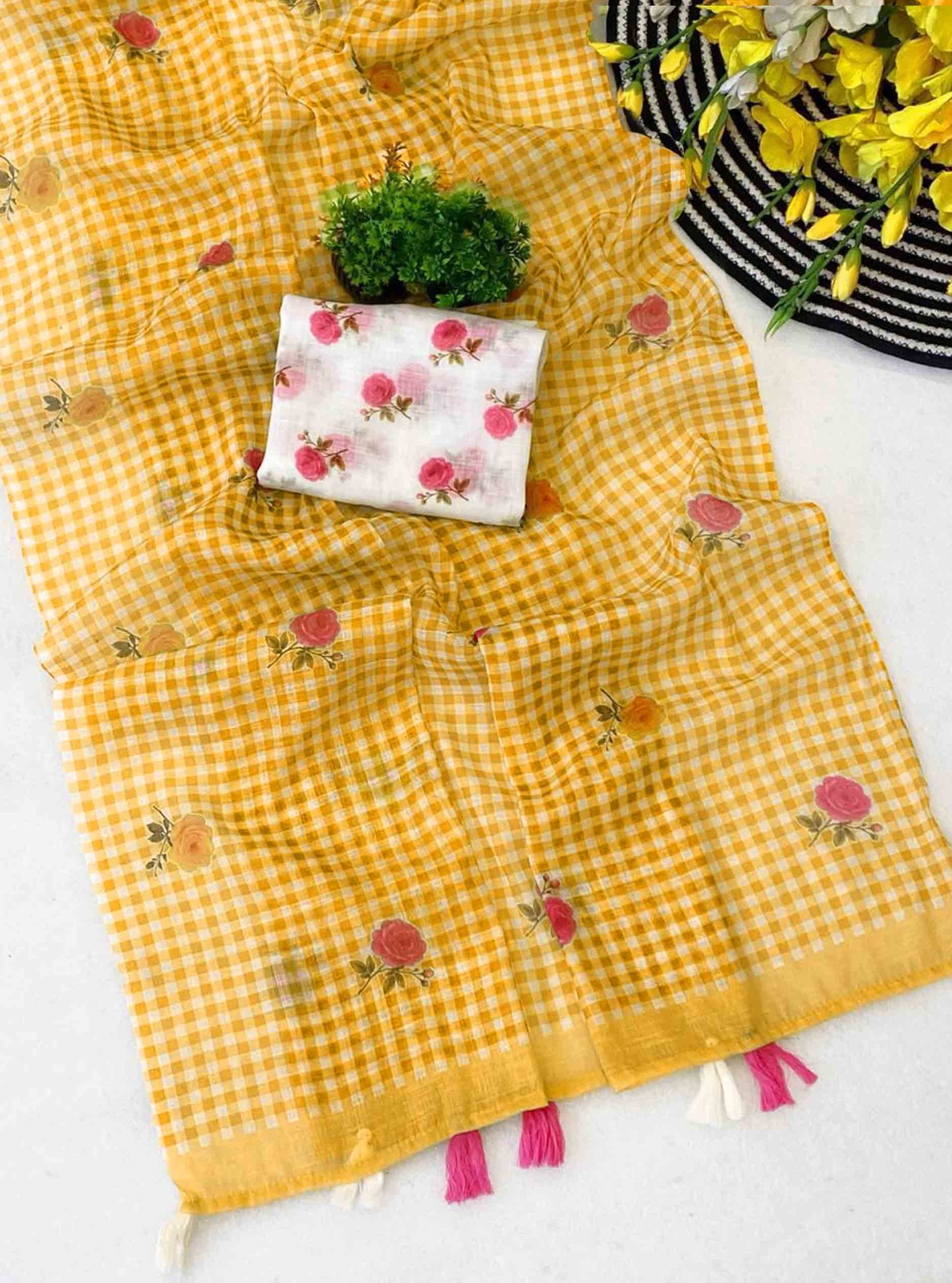 DC178 | Jute Linen Checks Saree with Floral Motifs & Printed White Blouse | Trending Collection