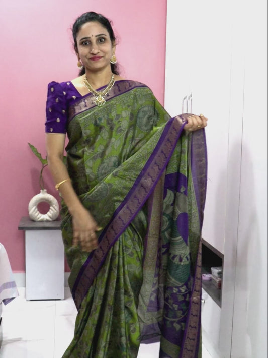 Maheshwari Silk Saree with Narayana Pattu Border – Mehendi Green with Purple Border