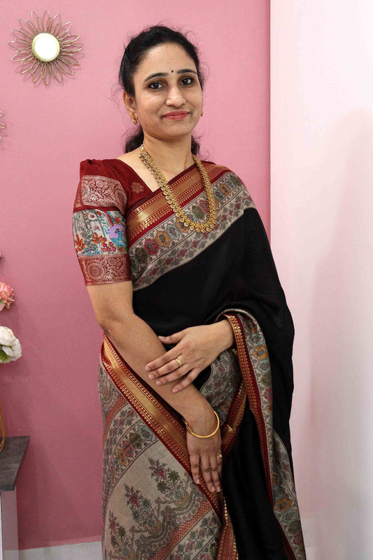 DC121 | Premium Maheshwari Cotton Saree with Narayanapet Temple Gold Zari Border | Contrast Running Blouse | 6 Colours