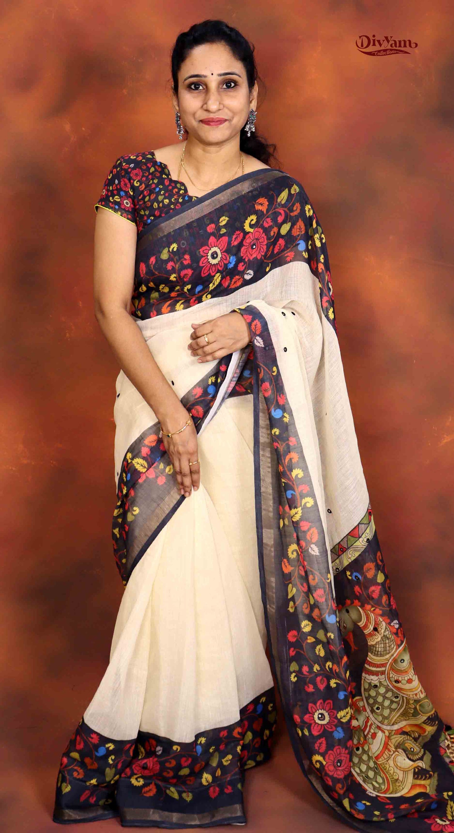 Linen Silk Saree with Contrast Kalamkari Border & Zari Piping | DC224