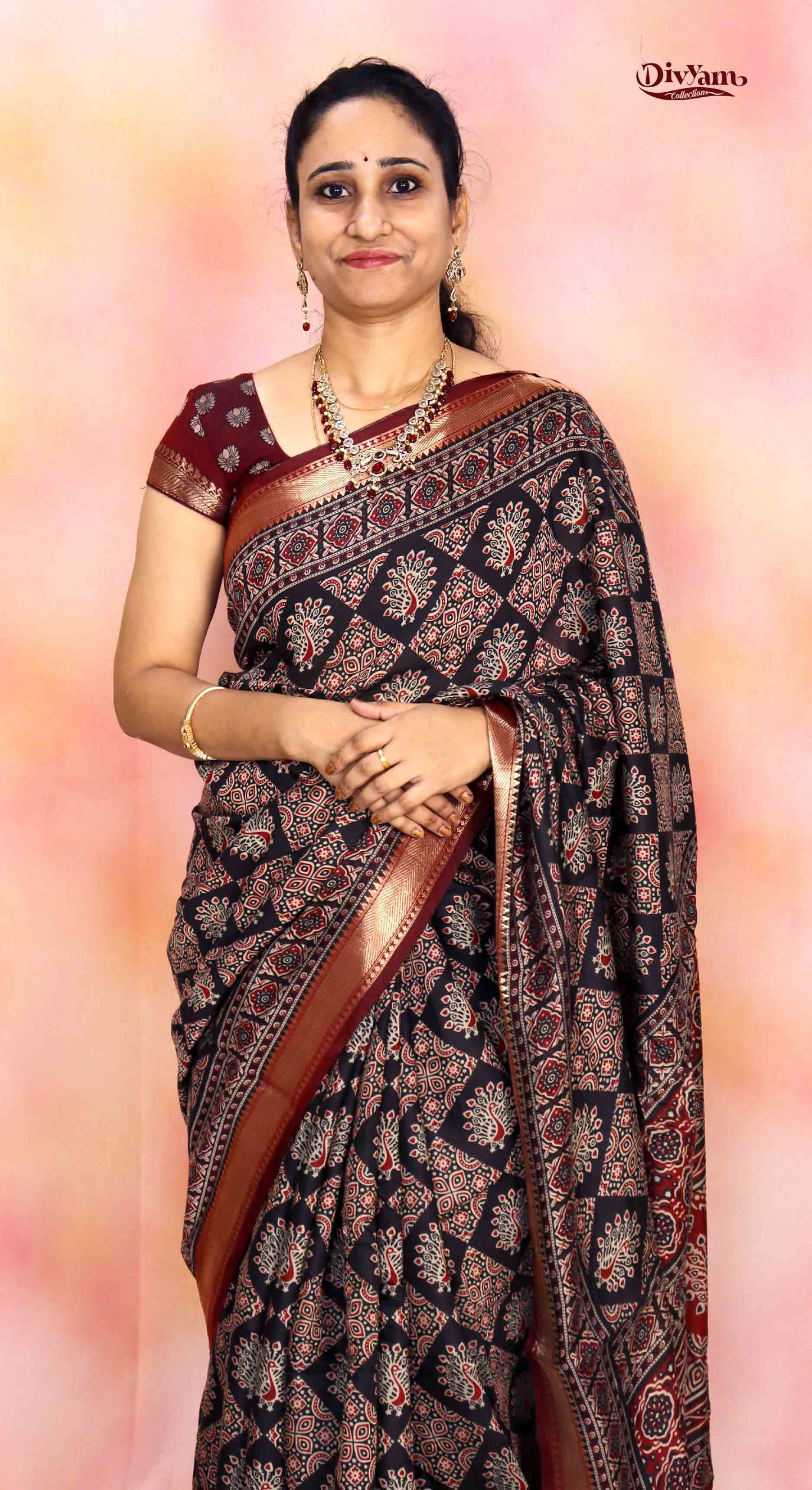 DC220 | Mangalgiri Silk Saree with Traditional Ajrakh Print & Nyzam Temple Border