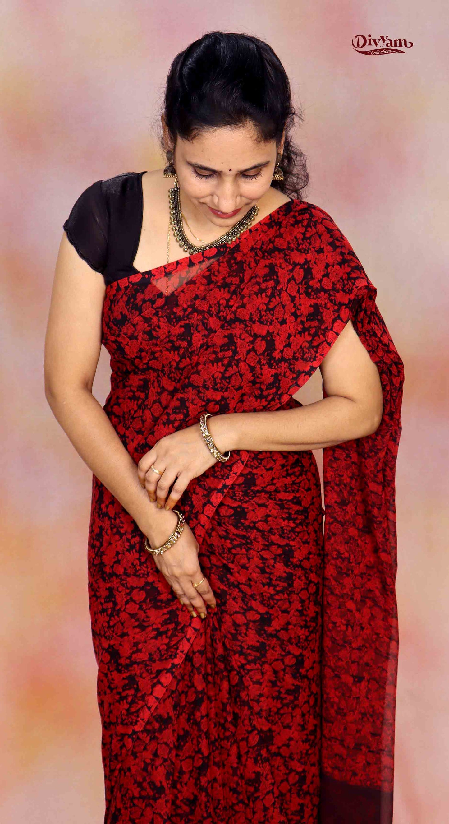DC254 | Soft Georgette Daily Wear Saree with Red flowes with Dark Brown