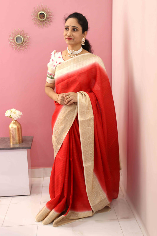 DC120 | Cream White & Red Fancy Dola Silk Saree with Golden Zari Checks | Contrast Zari Butta Blouse