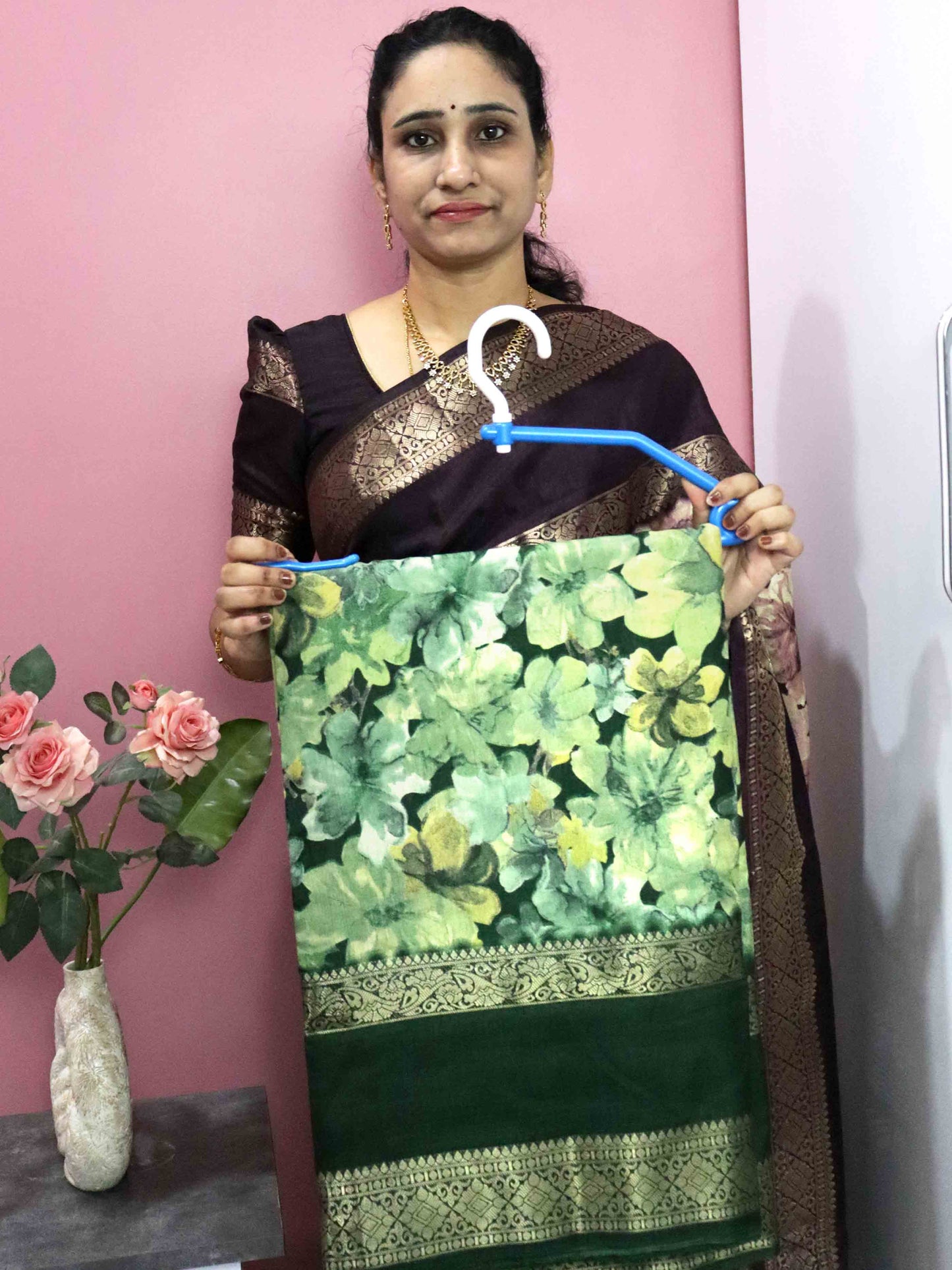 Green Fancy Silk Saree with Jacquard Gap Border and Beautiful Floral Print